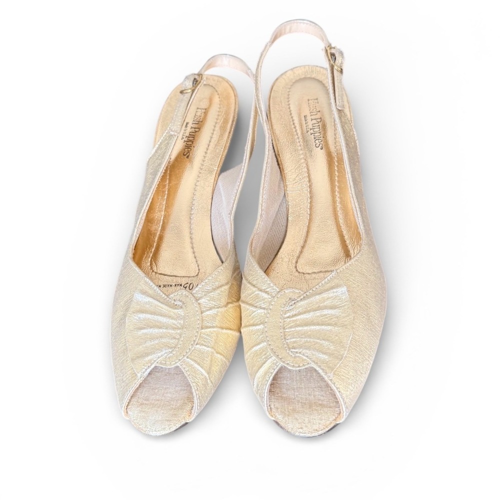 Vintage Hush Puppies Gold Slingback Peep Toe Heels Women's Shoes 8.5 M